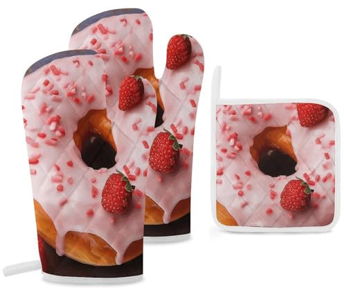 Ofenhandschuhe und Topflappen, hitzebeständige Topflappen, rutschfeste heiße Pads, Erdbeer-Donut-Ofenhandschuhe zum Kochen, Backen, Grillen, 3-teilig