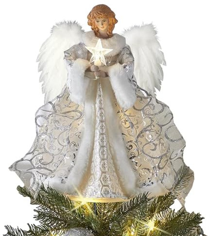 Angel Christmas Tree Topper | Light Up Angel Topper With White Feather Wings