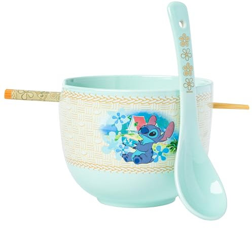 Silver Buffalo Disney Lilo and Stitch Slurping Noodles Ceramic Ramen Noodle Rice Bowl with Chopsticks and Spoon, Microwave Safe, 20 Ounces