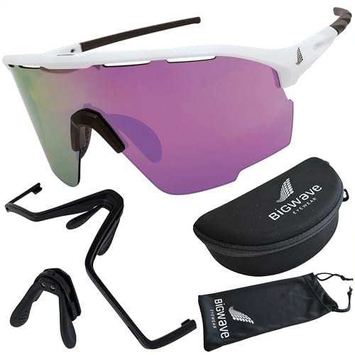 BIGWAVE 906 Sportbrille Schnelle Brille Fahrradbrille Sonnenbrille für Damen und Herren UV400 mit verspiegeltem pinken Gläsern im Shield-Design. Anti-Beschlags-Beschichtung (weiss/pinke Gläser)