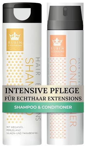RUBIN EXTENSIONS Shampoo & Spülung Set | Professionelle Extensions Pflege | Mit Arganöl & Grüntee | Für Clip In Extensions Echthaar & Tape Extensions | Vegan, Parabenfrei