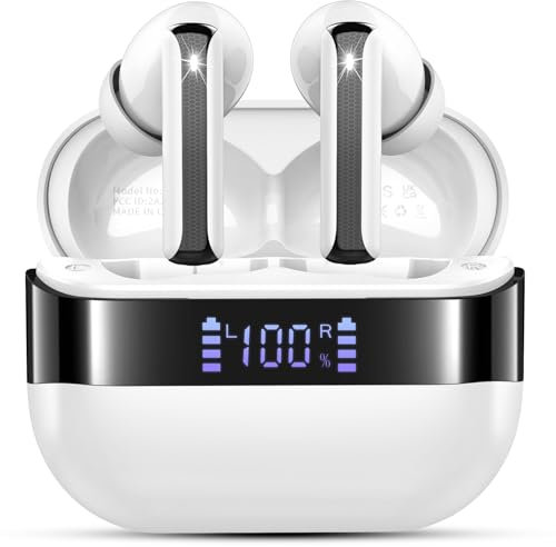 Cuffie Bluetooth, 2025 Auricolari Bluetooth 5.4 HiFi Stereo, 48H Cuffie Wireless In Ear ENC Cancellazione Rumore Mic, Cuffiette Sport IP7 Impermeabile, Auricolare Senza Fili USB-C Touch Control Bianco