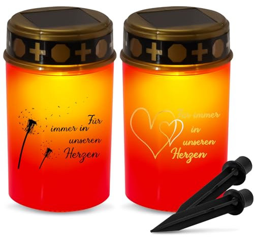 2er Pack Grablaterne Solar, Led Grablicht Mit Dämmerungssensor Und Erdspieß, IP44 Grablicht Solar Wetterfest, Led Grablichter Für Draußen, Grableuchte Für Den Außenbereich, Friedhofskerze (Rot-A)