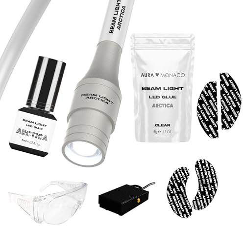 AURA Monaco Beam Light Arctica LED Lash System – Set für Wimpernverlängerung inkl. LED-Lampe, Kleber, Online-Schulung & Zertifikat, weißes Licht, austauschbarer Lampenkopf