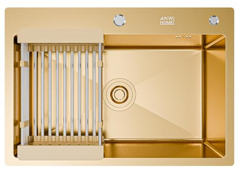 ANW HOME Fregadero Cocina 1 Seno 65x45 cm, Oro PVD | Montaje superior/inserto, acabado nanorecubierto, grosor 3,0+1 mm, con sifón, dispensador de jabón, cesta