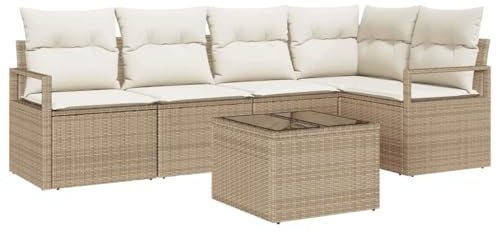 vidaXL Garten-Sofa-Set mit Kissen mit Speicher 6 pcs Beige und Creme, Garten und Terrasse, modernes modulares Outdoor-Sofa-Set, Eckcouch mit Stauraum, wetterfestes Möbelstück