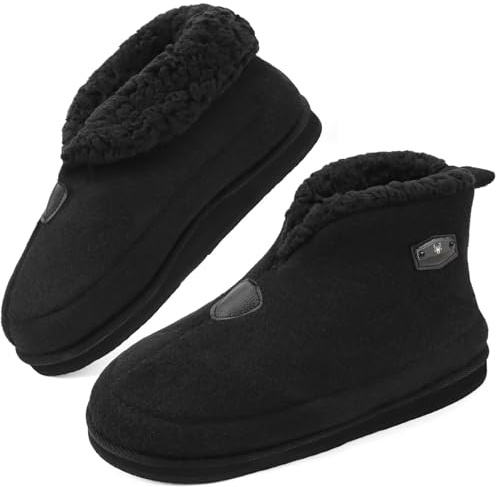 KuaiLu Mens Felt Winter Warm Boot Slippers Cosy Memory Foam Faux-Fleece Lined Bootie Slippers with Comfy Arch Support House Shoes Non-Slip Indoor Outdoor Hard Sole ALLBlack 10
