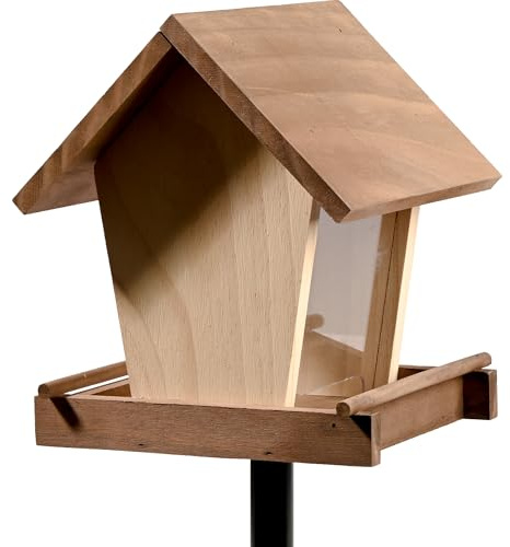 dobar® Vogelfutterhaus Benny Brunch Machhiato mit Ständer - Wildvogelhaus wetterfest aus Holz - Vogelfutterstation mit Acrylglassilo - 18 x 18 x 121 cm -Braun