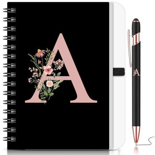BBTO 2 Stück Personalisiertes B6 Notizbuch mit Initialen, Buchstabe A | Blumen Tagebuch mit Stift, Geschenk für Schule, Frauen, Freundin, Schwestern, Kollegen, zu Weihnachten, Geburtstag, Abschluss