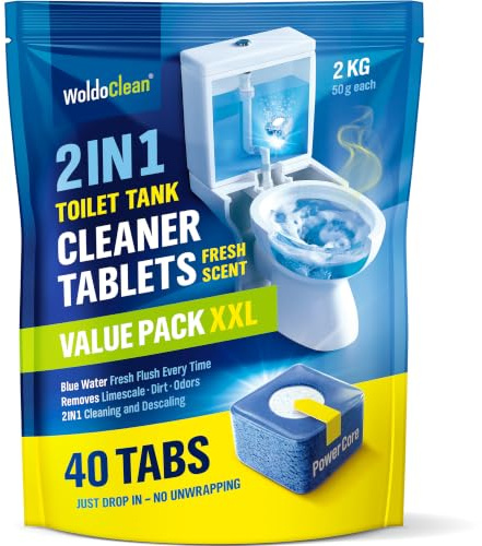 WoldoClean 2in1 Pastilles Réservoir WC Nettoyant – Détartrant Eau Bleue 40 | galets WC, nettoyant cuvette, anticalcaire, WC sans bride, encastré