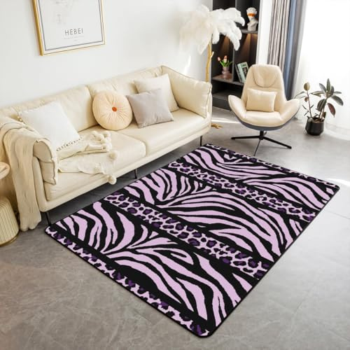 Homemissing Zebra Druck Modern Teppich Lila Schwarz Leopard Wetterfest für Wohnzimmer Tierdruck Teppich 100x150cm Zimmerdekoration