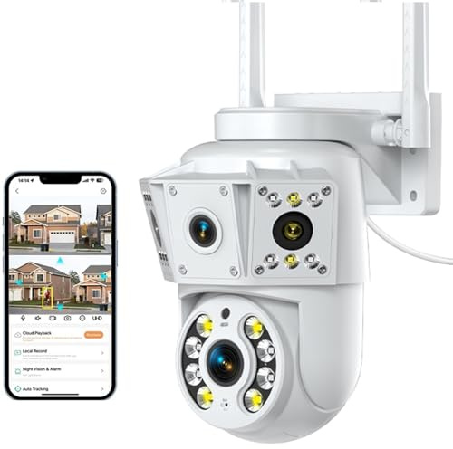 Dual Lens Security Camera Outdoor, 2K CCTV Camera Outdoor, 2.4/5GHz WiFi PTZ Cameras House Security, with Sound-Light Alarm, 2-Way Audio, Color Night Vision, IP66 Waterproof, Wired, 24/7 Recording