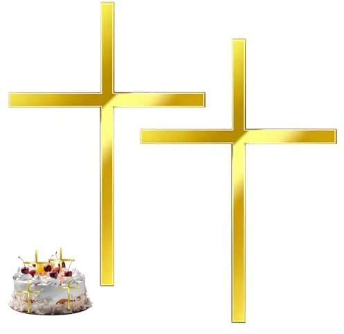 Tortendeko Kommunion, 2Stk. Kuchendeko Kreuz Cake Topper Gold Acryl Torte Deko 10x7 cm, Dekoration Engel Kuchen,Taufe Party Dekoration,Hochzeitstorte Geburtstag Party