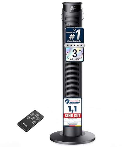 WoleixKlima Ventilator sehr leise 25dB, Turmventilator sehr leise mit Fernbedienung, Standventilator sehr leise mit Fernbedienung, 40W, 4 Modi&3 Stufen, 75°Oszillation, 12H Timer, 93CM