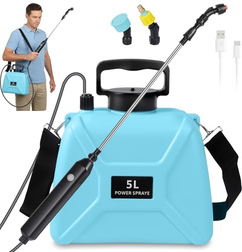 Akku Drucksprüher 5 Liter Elektrisch, Gartensprüher mit Teleskoplanze, 3 Düsen und Schultergurt, Elektrischer Pflanzensprüher mit Sichtfenster für Garten, Pflanzen
