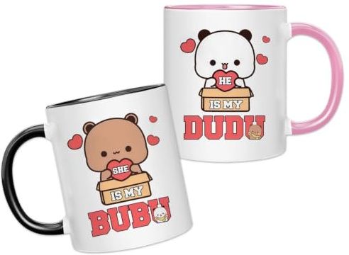 Geschenk für Paare, Bubu Dudu Tassen (2 Stück) 330ML Ästhetische Keramikbecher mit Lustigem Bär Design, Kaffeetass für Tee, Kaffee, Heiße Schokolade für Freund Mädchen