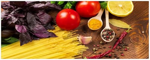 Wallario Küchenrückwand selbstklebend 115 x 50 cm, Motiv: Italienisches Menü mit Spaghetti, Tomaten, Basilikum und Gewürzen | Spritzschutz abwischbar & pflegeleicht