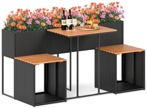 SOARS Salon de Jardin avec Jardinière Surélevée, Table & 2 Chaises (Noir) | Mobilier en Bois d’Acacia et Rotin PE, Rangement Ouvert, Cadre Métal, Patins Réglables, pour Extérieur Bistrot Terrasse