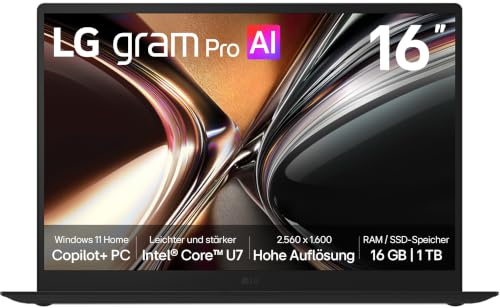 LG gram Pro 16 16Z90U-G.AU78GN 16 Zoll WQXGA IPS Copilot+ Notebook, Intel Core Ultra 7 355, Intel Graphics, 16GB RAM, 1TB SSD, federleicht (1,239 kg), gram AI, 77 Wh, 2X Thunderbolt 4, Schwarz