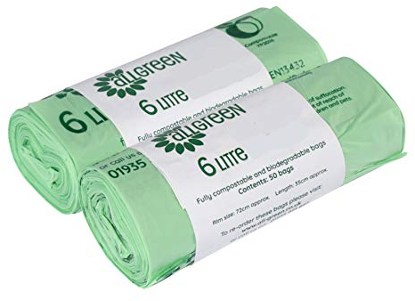 6 Litre x 100 All-Green bags - Compostable Kitchen Caddy Liner - Food Waste Bin Liners - EN 13432-6L Bags with Composting Guide