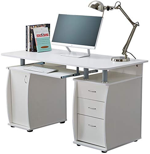 RayGar White Deluxe Design Computer Desk With Cabinet and 3 Drawers For Home Office Table Workstation - New (White)