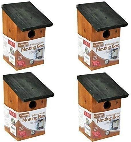 Garden Mile® Traditional Wooden Bird House Black wooden Roof Wild Bird Nesting Box Garden Outdoor Patio Bird Care Accessories Garden Ornament (4x Traditional Wooden Bird Nesting Box)