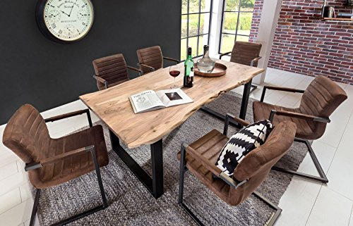SAM® 7 TLG. Essgruppe Quentin, je 1x Baumkantentisch 140x80cm Akazie-Holz & 6X Schwingstuhl Parzivo in Wildleder-Optik
