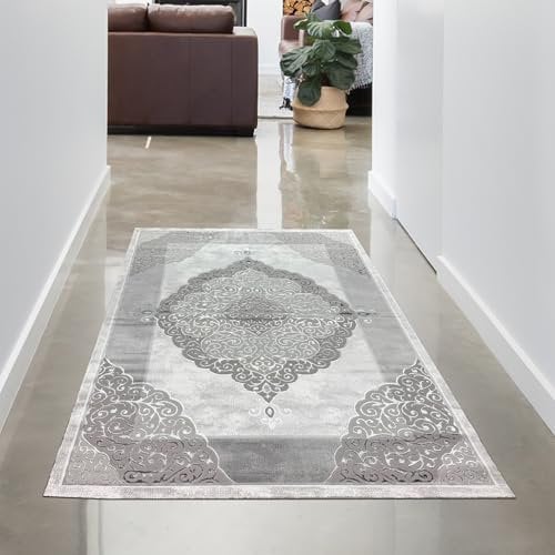 Designer Teppich Wohnzimmerteppich Ornamente barock Creme grau Größe 80x150 cm