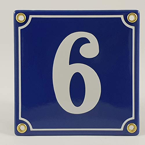 Emaille Schild Hausnummer 6 Blau-Weiß Handarbeit