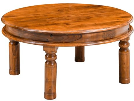 Massivmoebel24.de | Oxford runder Couchtisch aus Akazienholz #0330 im Kolonialstil - Honig, lackiert | 90x90x45 cm | Massivholztisch Fernsehtisch Beistelltisch