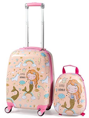 GOPLUS Valise Enfant Fille Garçon, Valise Enfant 18” &Sac à Dos 12”, Trolley à roulettes ABS, Hauteur de Poignée Réglable, Valise de Voyage Bagage Cabine en Vol (Rose)
