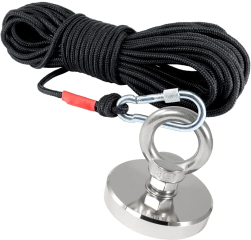 Bergemagnet Mit Seil 20 Meter - 60mm Ösenmagnet Mit M8 Gewinde - 160 KG Neodym Magnete 60 mm Durchmesser mit Öse - Topfmagnet Flachgreifer - Magnet Super Stark Power Magnete zum Fischen Sondeln Angeln
