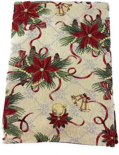 EmilyHome Weihnachtstischdecke aus Gobelin mit Keilrahmen, Art. Ribbons Christmas mit Lurex Gold (ohne Servietten) Sondermaße (quadratisch, 180 x 180 cm + 4 Tischläufer 45 x 90 cm)