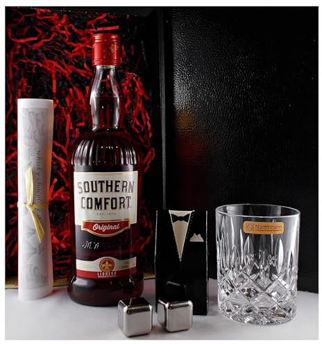 Geschenk Southern Comfort Whiskey Likör + Glas + 2 Whisky Kühlsteine im Smoking