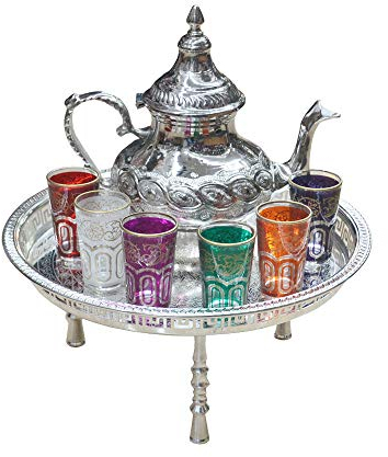 Service à thé marocain joli et complet : grande théière 1 litre + plateau en acier inoxydable diamètre 45 cm + 6 verres colorés en verre