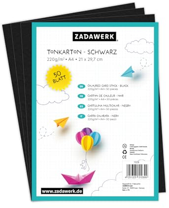 ZADAWERK® Tonkarton - 220 g/m² - DIN A4 - Schwarz - 50 Blatt - Bastelkarton - farbige Pappbögen zum Basteln - Tonzeichenpapier dick - 29,7x21 cm groß - Bedruckbar