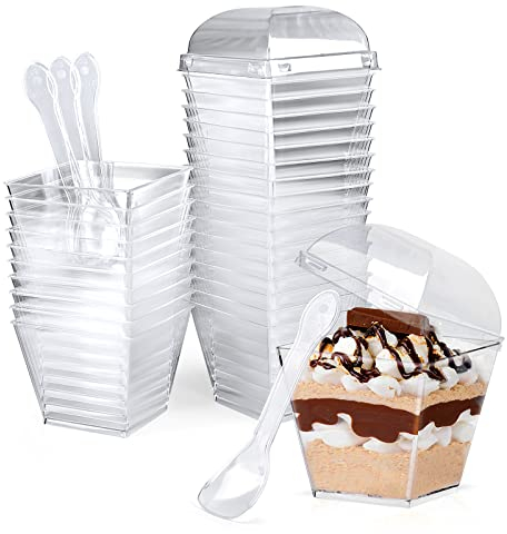 CoKeeSun 30 Pièces Tasses à Dessert avec Couvercles & Cuillères, 115ml/4oz Verrines Plastiques Carrée, Coupelle Réutilisables, Gobelets pour Tiramisu Pudding Mousse Crème Glacée