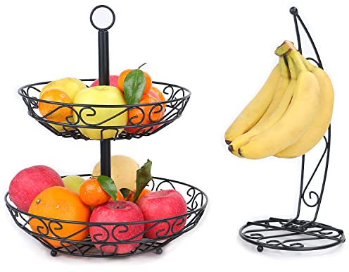 Cubesu Obst Etagere 2 Etagen inkl. Bananenhalter - Etagere Obst für mehr Platz in der Küche - Obstschale Etagere 2-stöckig - dekorativer Obstkorb