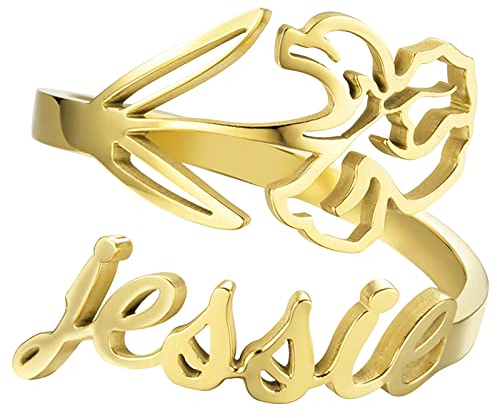 JewelryWe Schmuck Namensring Damen Personalisiert Ring mit Namen Edelstahl Februar Veilchen Geburtsblume Geburtsmonat Blumenring Offen Verstellbar Gold Geburtstag Geschenk für Frauen Mädchen