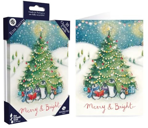 Tom Smith Pack 10 Charity Christmas Cards Penguin Tree Design Made UK Eco
