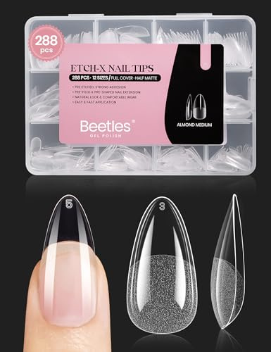Beetles Gel-Nagelspitzen mittel Mandel 12 Größen 288 Stück halbmatt | Nagelspitzen vollständige Abdeckung Nägel durchsichtige Acrylnägel zum Aufkleben der Nägel DIY-Geschenk für Frauen