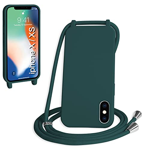 WenBaby Handykette für iPhone X/iPhone XS Hülle mit Band,Handyhülle mit Schnur zum Umhängen Silikon Seil Necklace Schutzhülle mit Kordel Tasche Case TPU Bumper für iPhone X/iPhone XS- Dunkelgrün