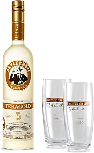 RAKI Beylerbeyi | Set aus 1 Flasche Türkischer Raki Teragold 70cl + 2 Raki-Gläser | Türkischer Brandy mit Anis aromatisiert - 100% frische Weintrauben - ohne Zuckerzusatz