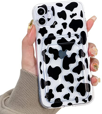 NITITOP Compatible for iPhone 11 Case Clear with Card Holder, Cute Flower Phone Cover for Women Girl, Protective Soft TPU Shock-absorbing Wallet Case for iPhone 11-Cow