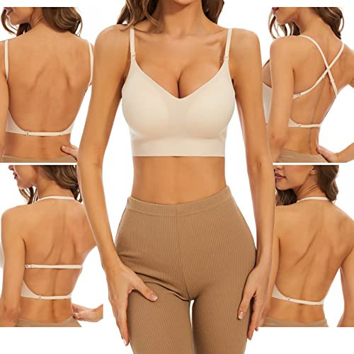 Shewant Low Back Bra for Women Wirefree Seamless Bra Backless Multiway Straps Convertible Halter Bra with Padding Removeable Beige