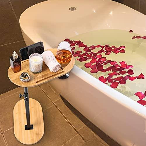 Meekio Badewannenablage Bambus,Badewannenbrett Höhenverstellbar Faltbar, Bambus-Badewannen-Tablett, Freistehendes verstellbare Höhe,Wannenablage für Badewanne gegen Wand, Soaker-Wannenzubehör Luxus