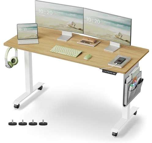 VASAGLE Höhenverstellbarer Schreibtisch elektrisch, 60 x 140 x (72-120) cm, stufenlos verstellbar, Memory-Funktion mit 4 Höhen, natureichenfarben LSD174N01, Holzspanplatte, Stahl, Oxford-Gewebe