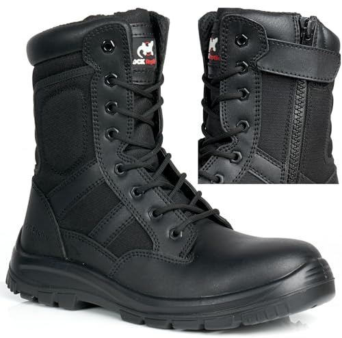 Taskforce - Stivali da combattimento da uomo, in pelle nera, con puntale in acciaio, leggeri, impermeabili, scarpe da pattuglia militare S1P SRC con cerniera e lacci, taglia, Nero , 45 EU
