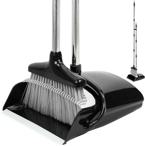 Extendable Dustpan and Brush Set - Long Handled Household Dust Pan Combo - 130cm Handle for Outdoor and Indoor Household Cleaning and Sweeping - Extendable Pole (Black/Grey)