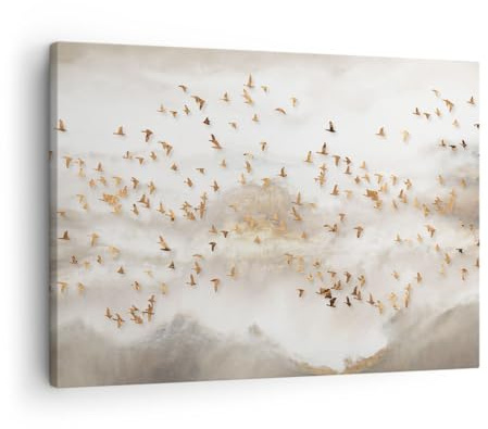 ARTTOR Bilder auf Leinwand 70x50cm Wandbild Pastell Tiere - 5679 | Vögel Gold Minimalismus Klein Wanddekoration Wohnzimmer Schlafzimmer Wanddeko Wand Kunstdruck Wandkunst Wall Decor ARTTOR